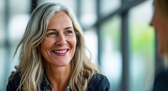 Mittelalte Frau lächelt im Gespräch